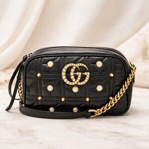 Authentic Gucci GG Marmont Mini Camera Black Quilted Leather PearlStud Crossbody